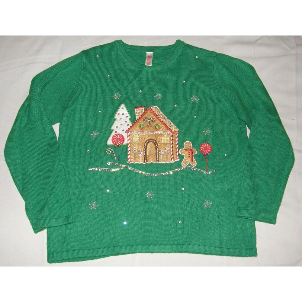Green Sz XL (16-18) Embroidered Beaded Gingerbread Man Holiday Pullover Sweater
